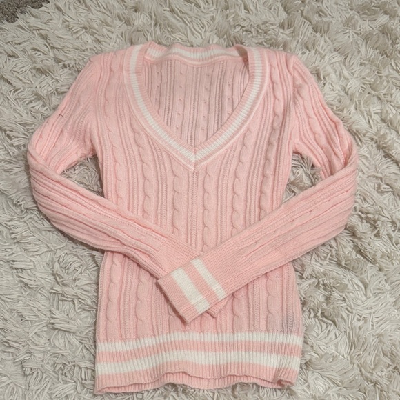 Sweaters - Pink Cable Knit V-Neck Sweater